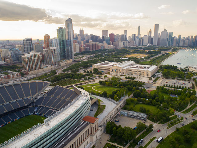 The Chicago skyline as seen from Soldier Field